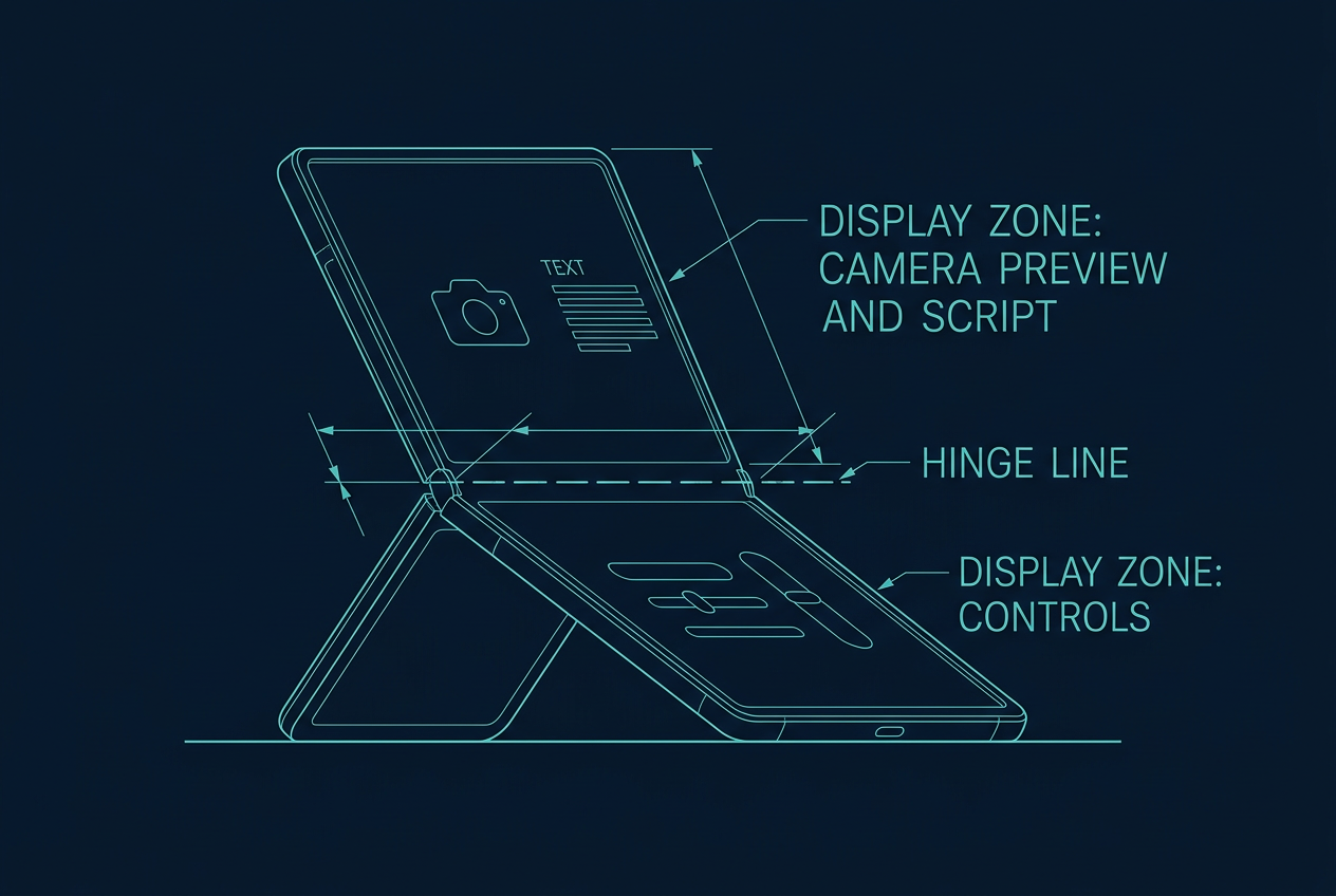 Diagram of DuoCreator's three iPhone Duo layout modes — compact, expanded and tabletop — split around the physical hinge division