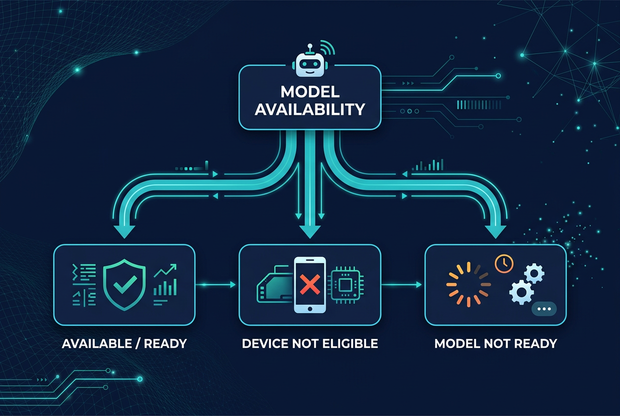 Decision flow for Apple Foundation Models SystemLanguageModel availability states used by DuoCreator's Creator Assist