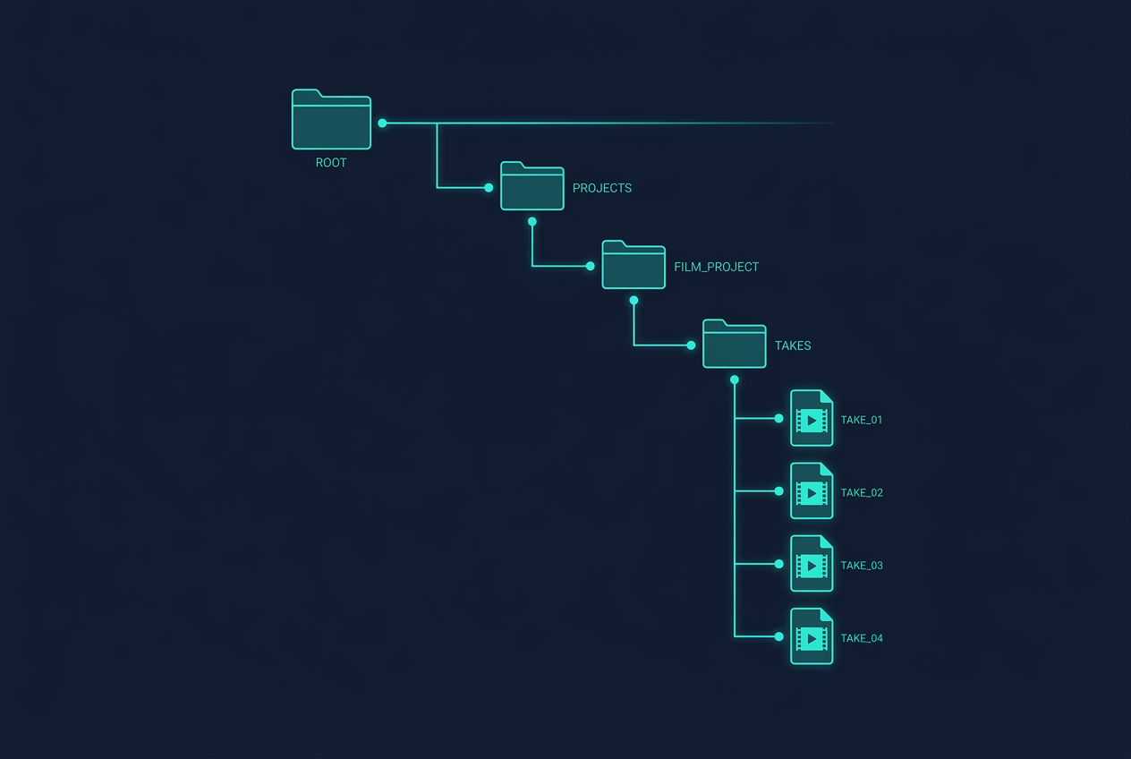 Diagram of DuoCreator's storage architecture: SwiftData metadata linked to take files stored under Documents/Projects/Takes