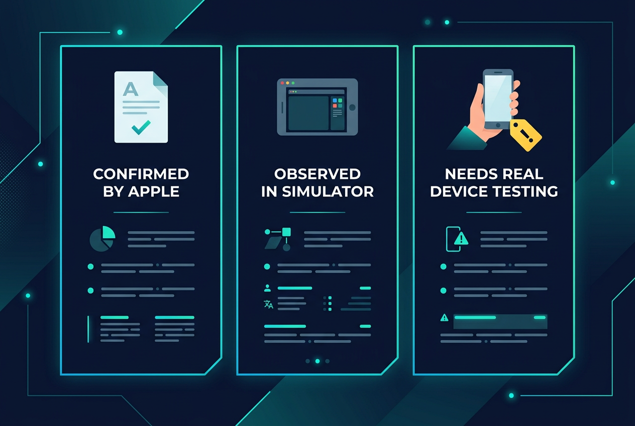 Three-column checklist separating what Apple has confirmed, what the iPhone Duo Simulator shows, and what still needs real-device testing