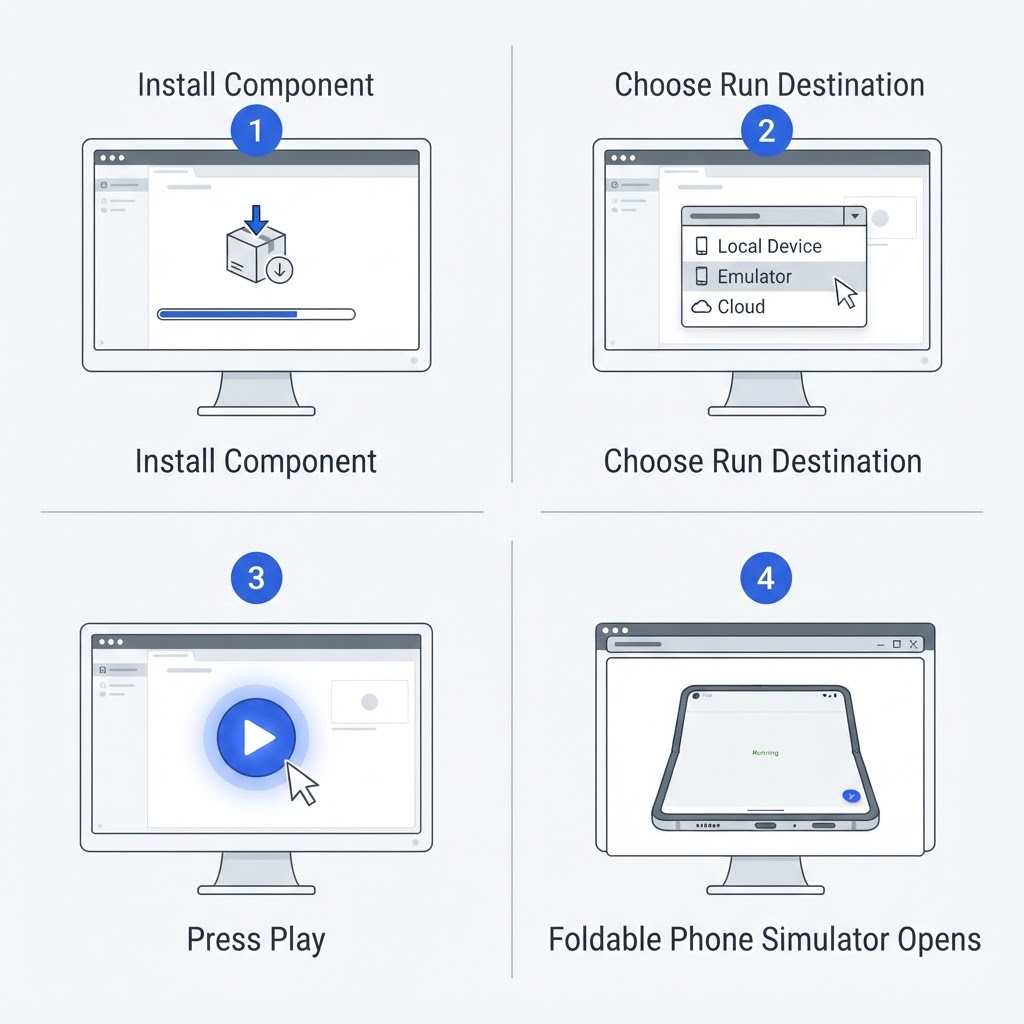 Four-step visual guide to installing and launching the iPhone Duo Simulator